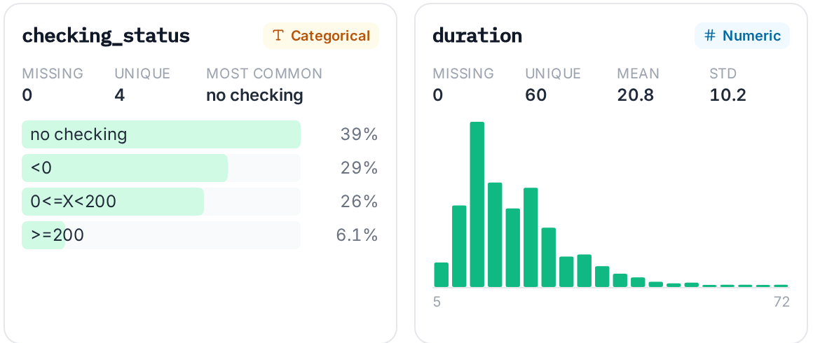 Two column cards: checking_status (categorical, with its top values) and duration (numeric, with a histogram).