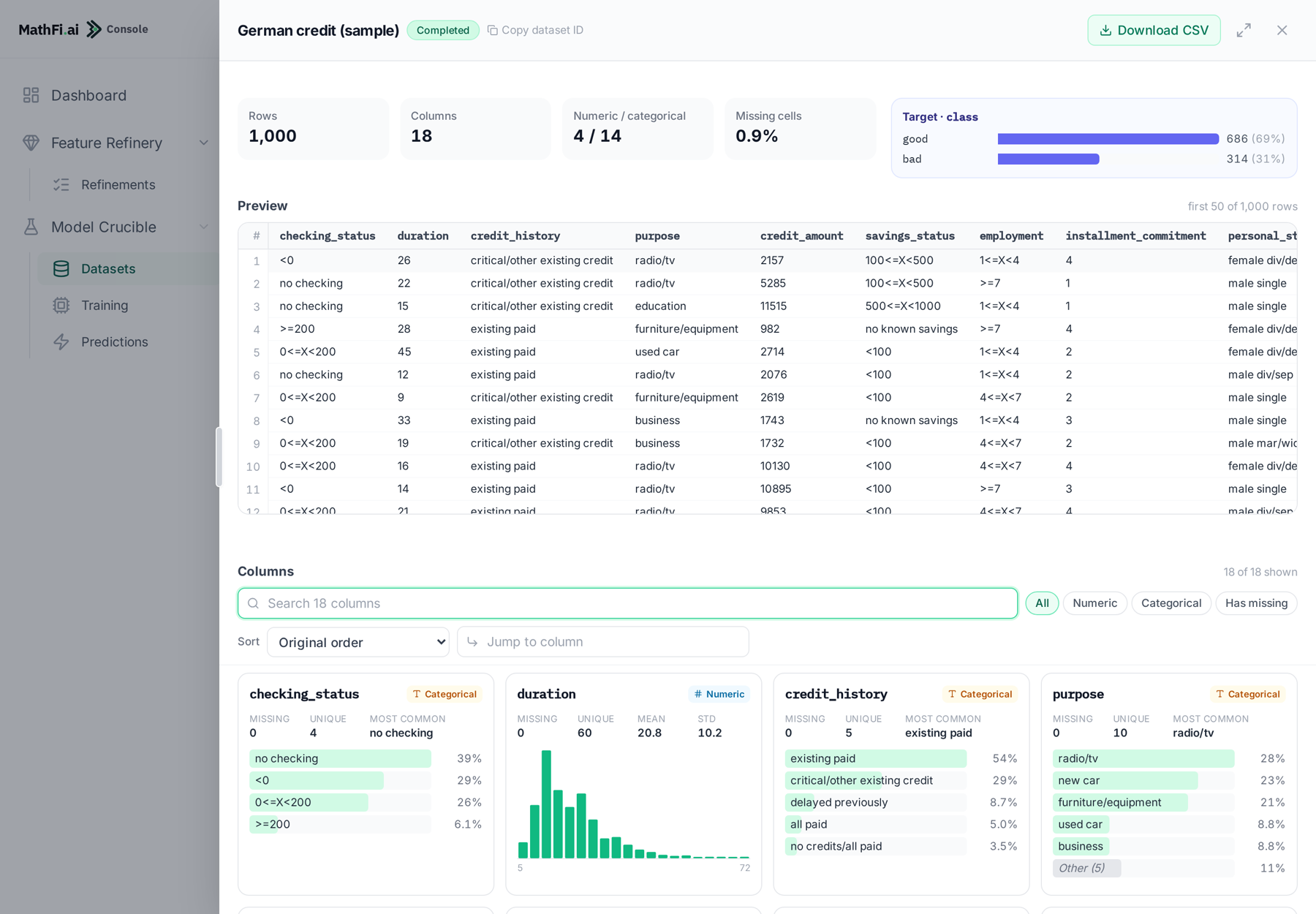 The Data Visualiser in the MathFi.ai console: a summary of rows and columns, the target, a preview of the data and a card for each column.